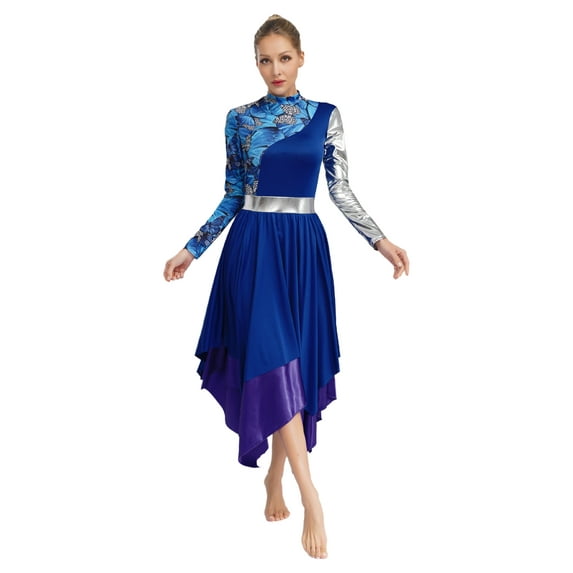 iiniim Women's Liturgical Praise Dance Long Sleeve Irregular Hem Maxi Dress Worship Dancewear Blue M