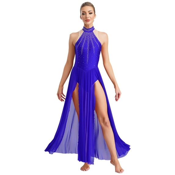 iiniim Women's Long Lyrical Dance Contemporary Costume Sleeveless Split Maxi Dress Ballroom Dancewear Blue M