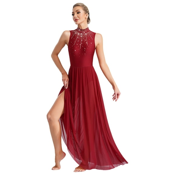 iiniim Women's Long Lyrical Dance Costume Sleevelss Modern Contemporary Dress Dancewear Burgundy L