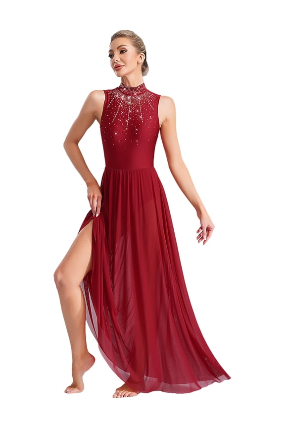 Women's Long Lyrical Dance Costume Sleevelss Modern Contemporary Dress Dancewear Burgundy S