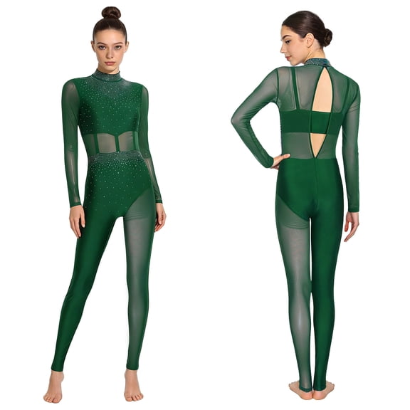 iiniim Women's Long Sleeve Dance Unitard Ballet Gymnastics Full Body Leotard Performance Costume Green S