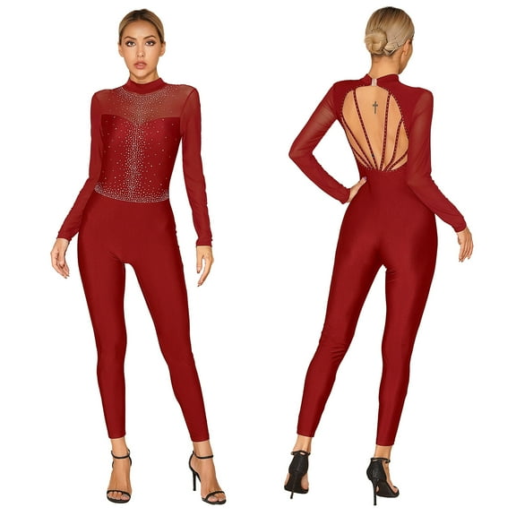 iiniim Women's Long Sleeve Rhinestone Figure Ice Skating Bodysuit One Piece Leotard Full Body Jumpsuit Size S-XXL Burgundy M