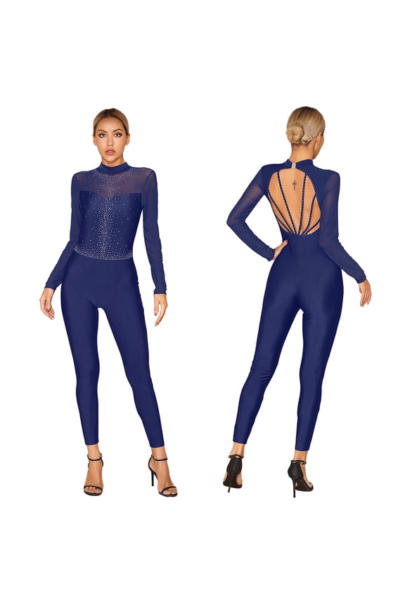 Women's Long Sleeve Rhinestone Figure Ice Skating Bodysuit One Piece Leotard Full Body Jumpsuit Size S-XXL Navy Blue L