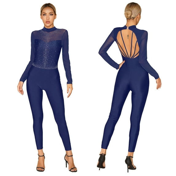 iiniim Women's Long Sleeve Rhinestone Figure Ice Skating Bodysuit One Piece Leotard Full Body Jumpsuit Size S-XXL Navy Blue XL