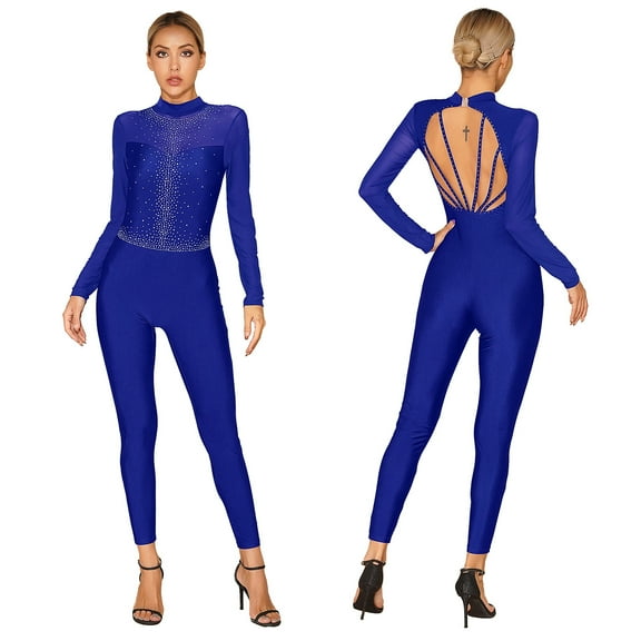 iiniim Women's Long Sleeve Rhinestone Figure Ice Skating Bodysuit One Piece Leotard Full Body Jumpsuit Size S-XXL Royal Blue S