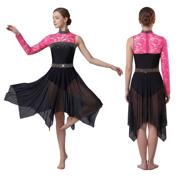 iiniim Women's Lyrical Ballet Modern Dance Costume Single Long Sleeve Asymmetrical Tulle Skirt Hot Pink M