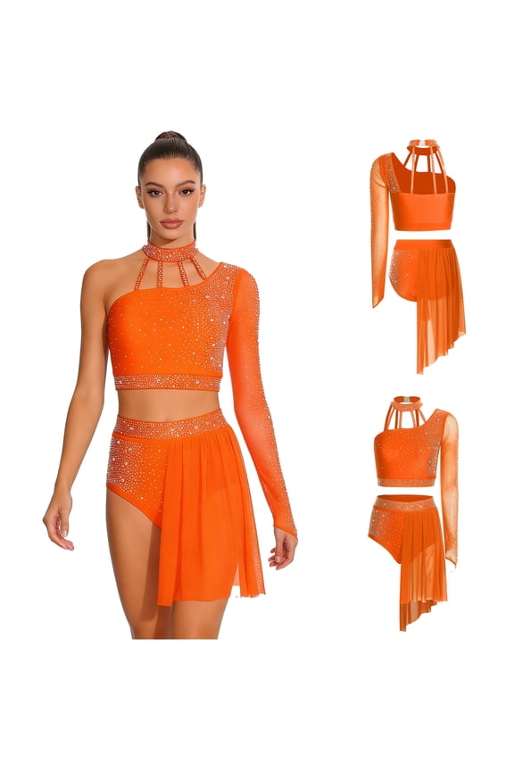 Women's Lyrical Dance Costume Halter Long Sleeve Crop Top with Shorts Ballroom Rumba Tango 2 Piece Sets Orange XXL