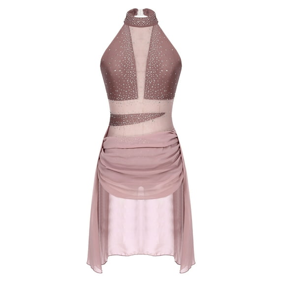 iiniim Women's Lyrical Dance Costume Ruched Drape Modern Contemporary Dress Gymnastic Leotard Size S-XXL Dusty Pink XXL