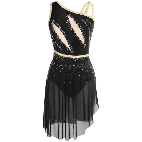 iiniim Women's Lyrical Dance Costume Sleeveless Shiny Rhinestone Tulle Skirted Leotard Figure Skating Dress Black XXL