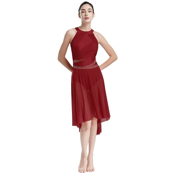 iiniim Women's Lyrical Dance Dress Halter Sleeveless Mesh Tulle High Low Skirt Leotard Modern Contemporary Dancewear Burgundy XXL