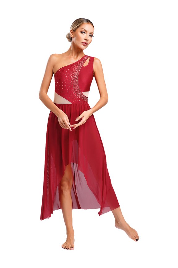 Women's Lyrical Dance Shiny Rhinestones High Low Flowy Maxi Dress Contemporary Dancewear Burgundy S