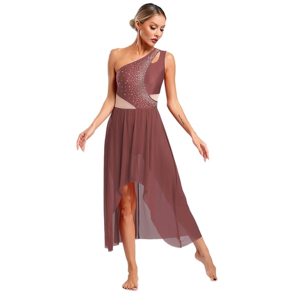 iiniim Women's Lyrical Dance Shiny Rhinestones High Low Flowy Maxi Dress Contemporary Dancewear Dusty Pink S