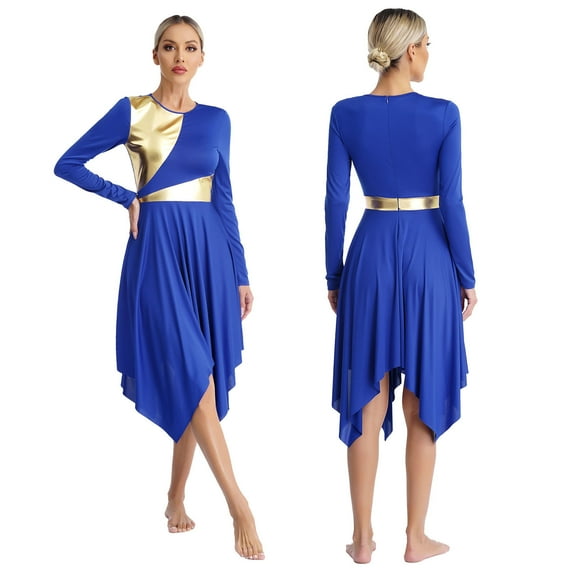 iiniim Women's Metallic Color Block Long Sleeve Irregular Hem Dress Dancewear Blue L