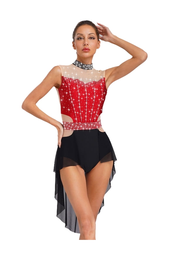 Women's Mock Neck Lyrical Dance Dress Flowy Skirt Leotard Sparkly Figure Skating Dancewear Costume Burgundy S