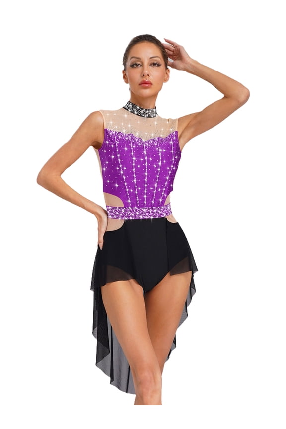 Women's Mock Neck Lyrical Dance Dress Flowy Skirt Leotard Sparkly Figure Skating Dancewear Costume Purple S