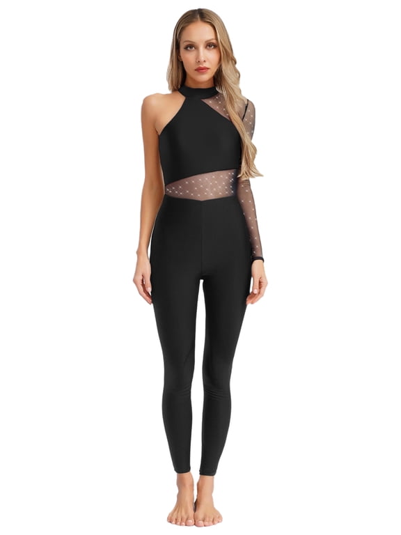 Women's One Shoulder Gymnastics Leotard Rhinestone One Piece Unitard Metallic Color Ballet Dance Leotards Black S