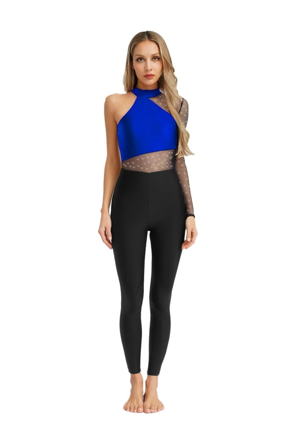 Women's One Shoulder Gymnastics Leotard Rhinestone One Piece Unitard Metallic Color Ballet Dance Leotards Blue M