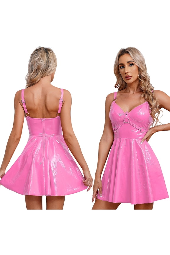 Women's Patent Leather V Neck Flare Dress Sleeveless Rivets Strappy Night Clubwear Party Mini Dress Size S-5XL A Pink XL