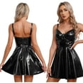 thumbnail image 1 of iiniim Women's Patent Leather V Neck Flare Dress Sleeveless Rivets Strappy Night Clubwear Party Mini Dress Size S-5XL Black 5XL, 1 of 7