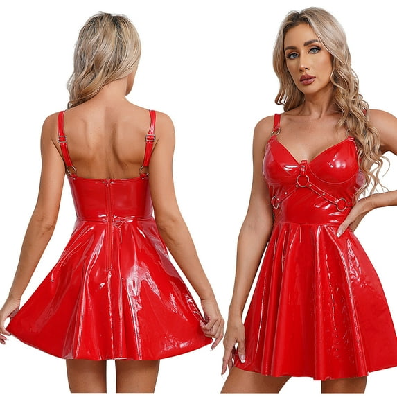 iiniim Women's Patent Leather V Neck Flare Dress Sleeveless Rivets Strappy Night Clubwear Party Mini Dress Size S-5XL Red M