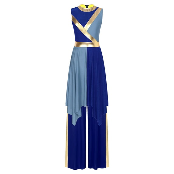 iiniim Women's Praise Dance Dress Set Color Block Irregular Maxi Dress with Wide Leg Pants Blue M