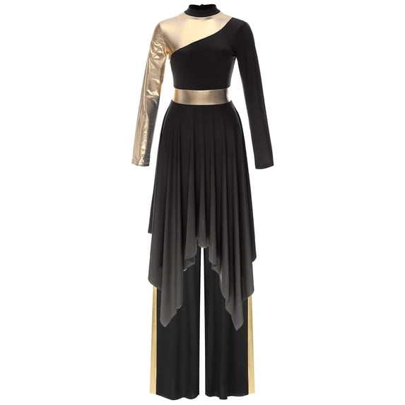iiniim Women's Praise Dance Outfit Color Block Worship Dress with Pants Liturgical Dancewear Black XXL