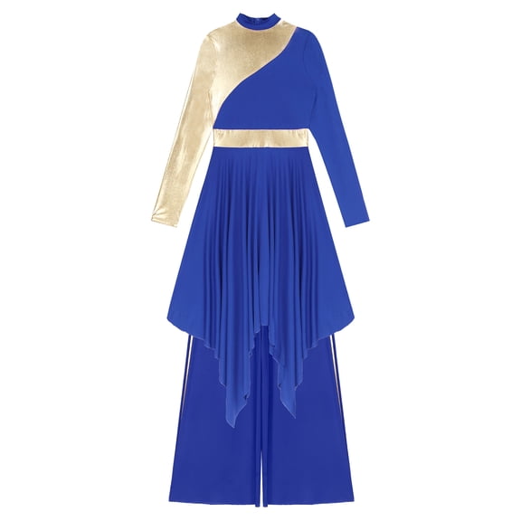 iiniim Women's Praise Dance Outfit Color Block Worship Dress with Pants Liturgical Dancewear Blue L