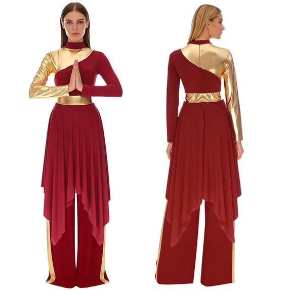 iiniim Women 2 Pcs Praise Dance Outfit Metallic Block Asymmetric Hem Dress Wide-Leg Pants Worship Liturgical Dancewear Burgundy XL