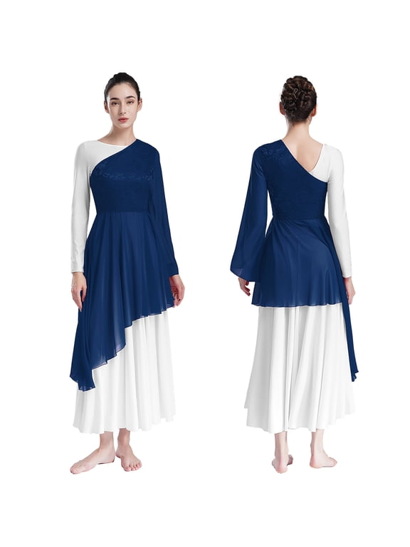 Women's Praise Dance Worship Tunic One Shoulder Flared Sleeve Asymmetrical Hem Dresses Navy Blue S