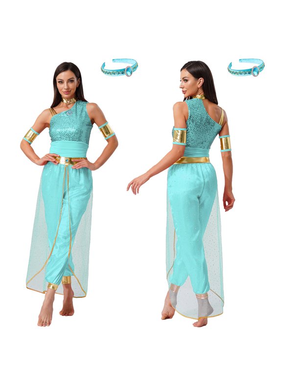 Women's Princess Cosplay Jumpsuit Belly Dance Romper with Headwear Halloween Costume Mint Green M