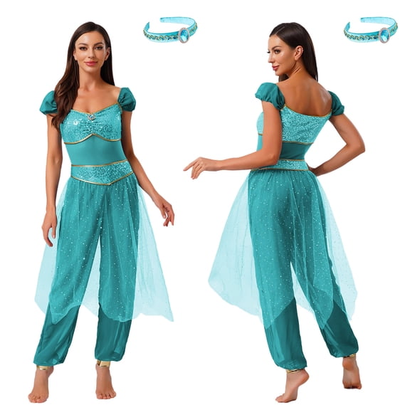 iiniim Women's Princess Cosplay Jumpsuit Belly Dance Romper with Headwear Halloween Costume Turquoise M
