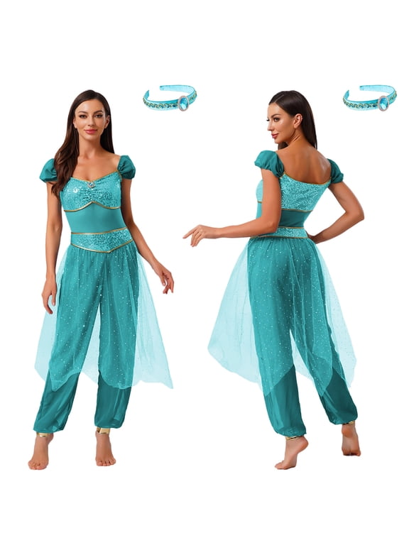 Women's Princess Cosplay Jumpsuit Belly Dance Romper with Headwear Halloween Costume Turquoise XL