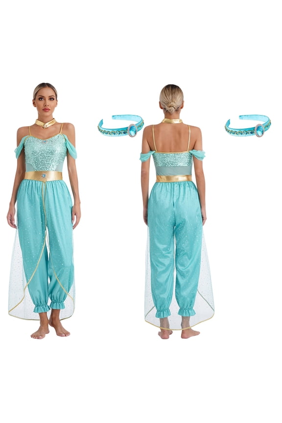 Women's Princess Romper Shiny Choker Collar with Headband Carnival Party Turquoise S