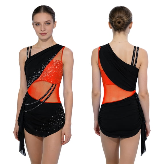 iiniim Women's Rhinestone Color Block Lyrical Ballet Leotard Bodysuit Ruched Skirt Figure Skating Dancewear Orange M
