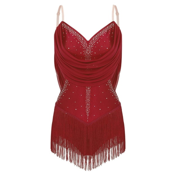 iiniim Women's Rhinestone Latin Dance Leotard Dress Tassel Bodysuit Samba Salsa Cha-Cha Rumba Performance Burgundy S