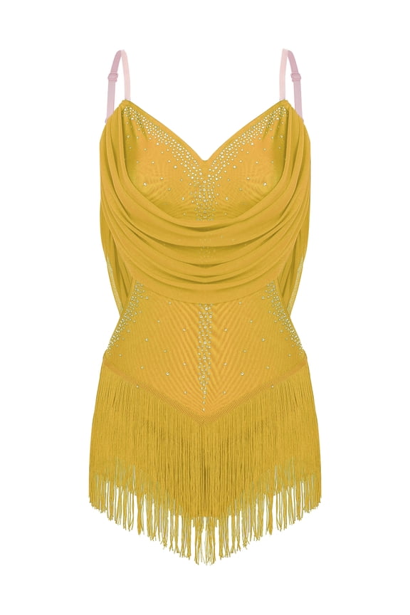 Women's Rhinestone Latin Dance Leotard Dress Tassel Bodysuit Samba Salsa Cha-Cha Rumba Performance Yellow S