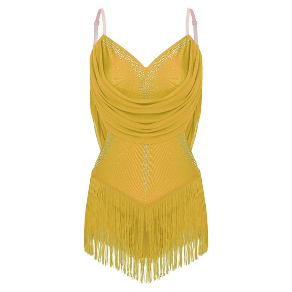 iiniim Women's Rhinestone Latin Dance Leotard Dress Tassel Bodysuit Samba Salsa Cha-Cha Rumba Performance Yellow S