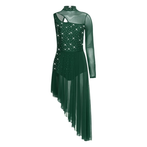 iiniim Women's Rhinestone Lyrical Dance Costume Sheer Mesh Leotard Flowy Figure Skating Dress Green S