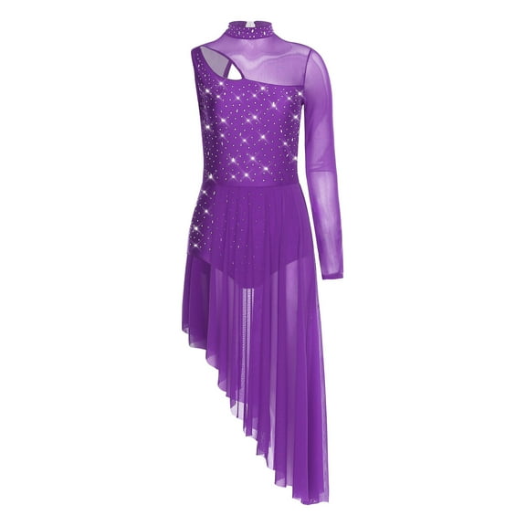 iiniim Women's Rhinestone Lyrical Dance Costume Sheer Mesh Leotard Flowy Figure Skating Dress Purple S