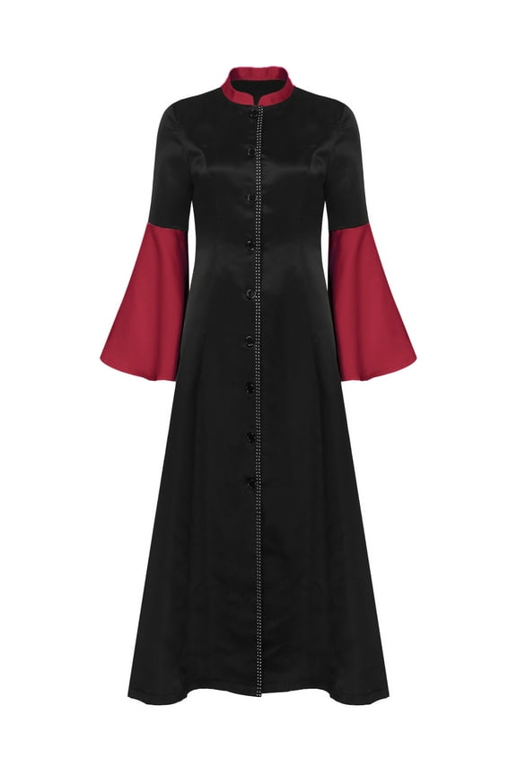 Women's Rhinestones Trim Clergy Church Choir Robe Button Loose Maxi Dress Priest Pulpit Robes Burgundy XL