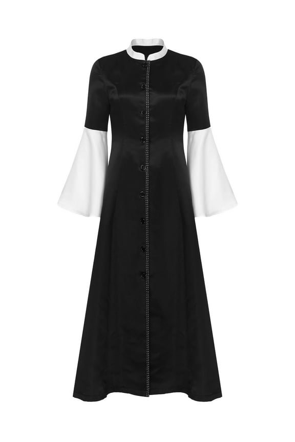 Women's Rhinestones Trim Clergy Church Choir Robe Button Loose Maxi Dress Priest Pulpit Robes Ivory M