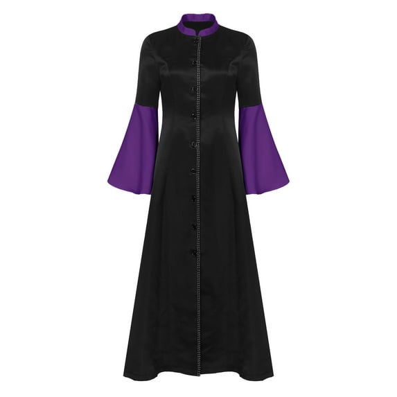 iiniim Women's Rhinestones Trim Clergy Church Choir Robe Button Loose Maxi Dress Priest Pulpit Robes Purple M