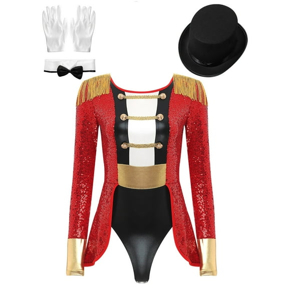iiniim Women's Ringmaster Circus Ring Leader Outfit Master Lion Tamer Fancy Dress Bodysuit Red 3XL