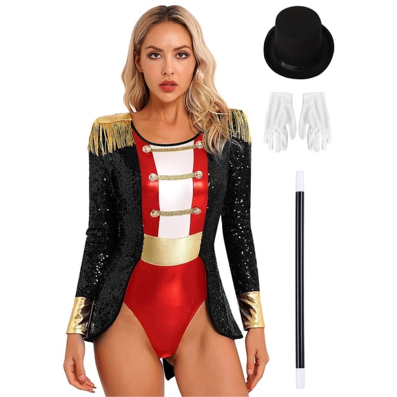 iiniim Women's Ringmaster Costume Circus Ring Leader Outfit Master Lion Tamer with Hat and Gloves Magic Wand Set Black 3XL