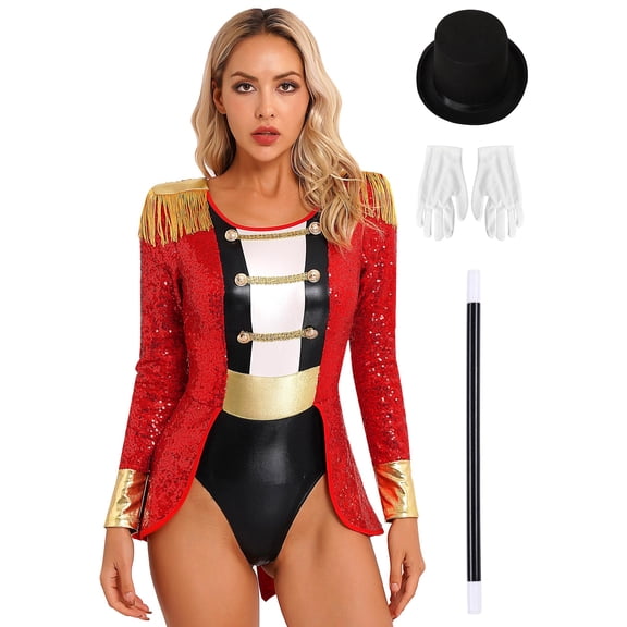 iiniim Women's Ringmaster Costume Circus Ring Leader Outfit Master Lion Tamer with Hat and Gloves Magic Wand Set Red S