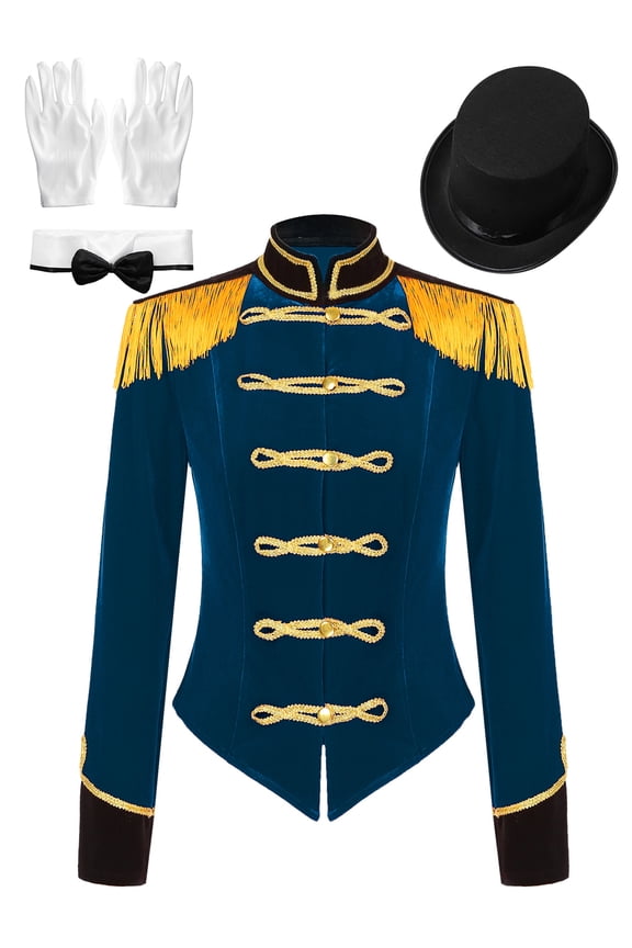Women's Ringmaster Costume Velvet Showman Cosplay Tassel Victorian Jacket Stage Shows Outfits Dark Blue S