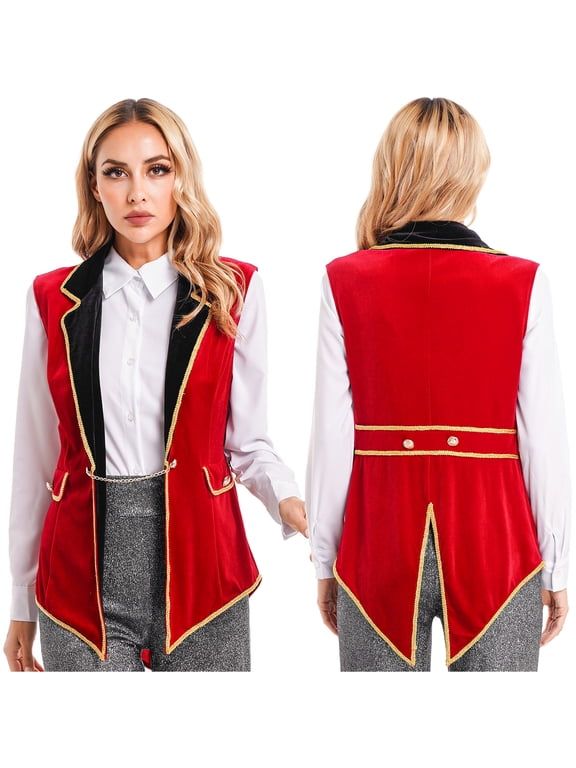 Women's Circus Ringmaster Vest Costume Rave Festival Lion Tamer Role Play Outfit Swallow-Tailed Balzer Jacket Red M