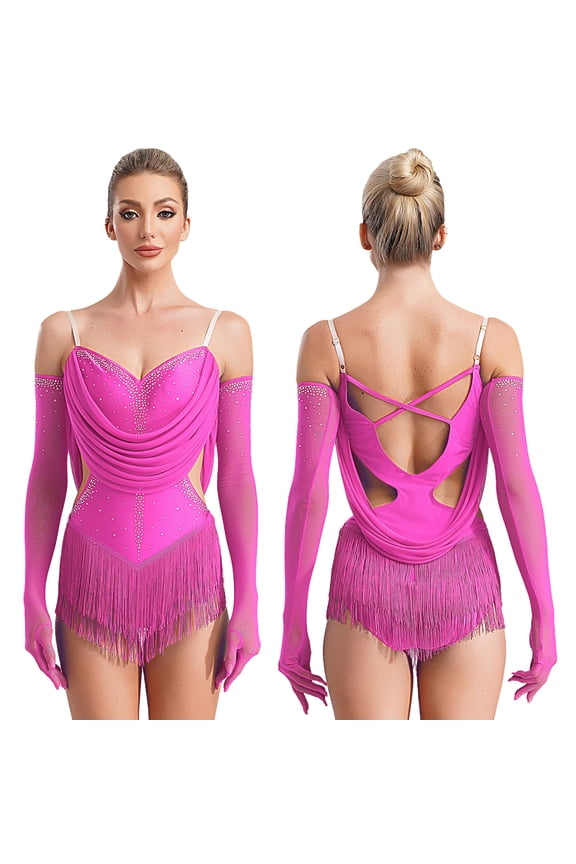 Women's Ruched Mesh Latin Dance Costume Tassel Samba Rumba Salsa Jazz Dance Bodysuit Top with Gloves Hot Pink S