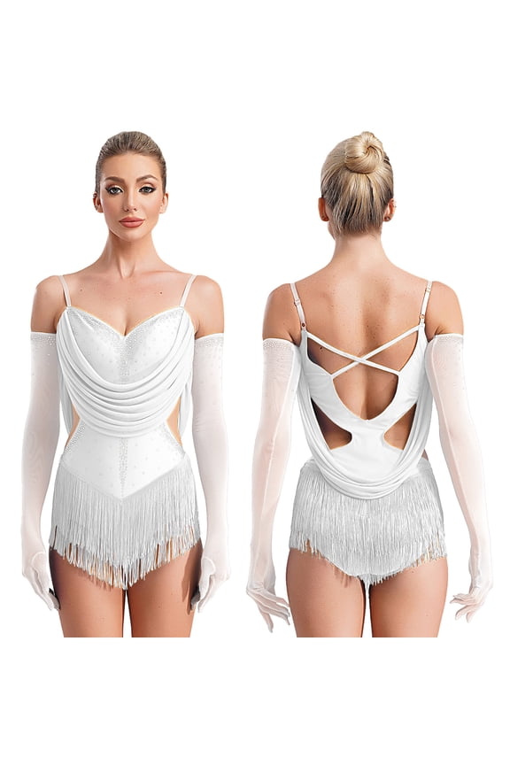 Women's Ruched Mesh Latin Dance Costume Tassel Samba Rumba Salsa Jazz Dance Bodysuit Top with Gloves Ivory S