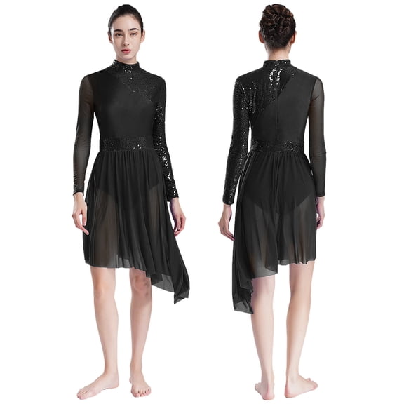 iiniim Women's Sequin Lyrical Contemporary Ballet Dance Dress Irregular Dancewear Black L